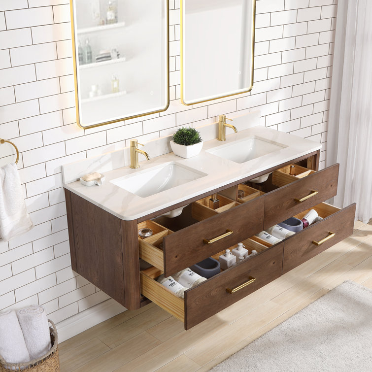 Ebern Designs Zytavious 60'' Wall Mounted Double Bathroom Vanity with Quartz Top with Mirror ...